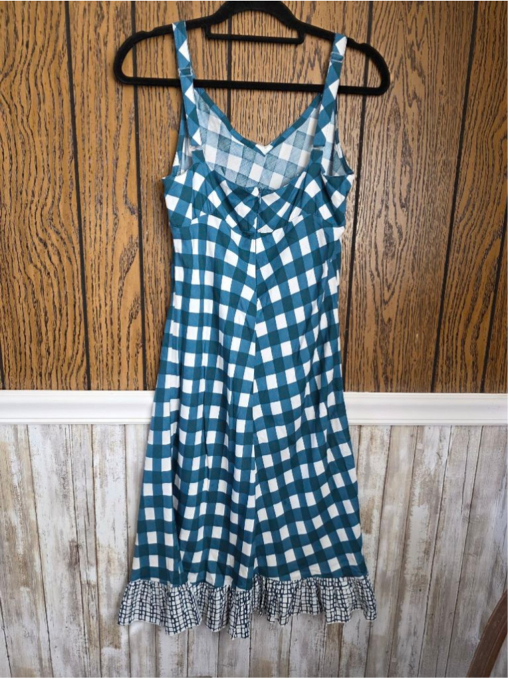 Women's Anna Ocean Teal White Gingham Ruffle Hem Dress S - Picture 4 of 5